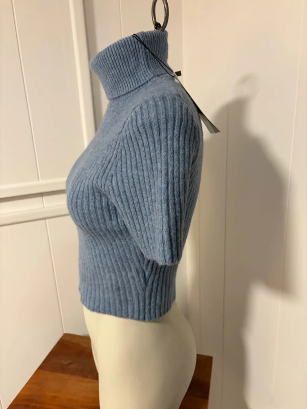 Zara Turtleneck Ribbed Short-Sleeve Sweater - Light Blue - Picture 2 of 5